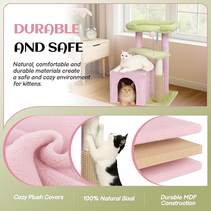 VINGLI Cat Tree, 27 inch Small Cat Tower with Scratching Post and Pad, Cat Condo for Indoor Kittens Padded Top Bed, Cats Indoor Activity Center (Pink & Green)