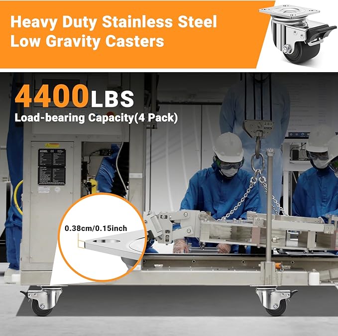 Nefish 3 Inch Heavy Duty Stainless Steel Low Gravity Casters, SUS 304 Industrial Grade Stainless Steel Caster Wheels with Brakes, Durable Castors Set of 4 with Nylon Wheels for Industrial, Equipment