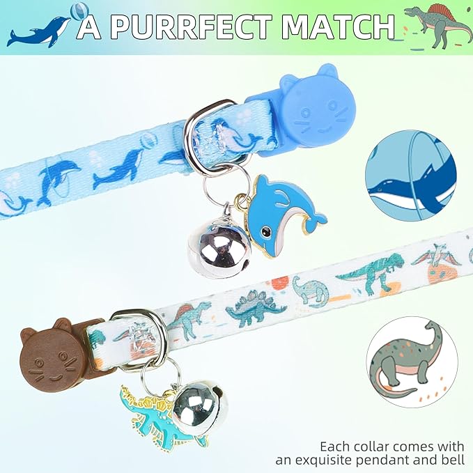 PUPTECK Breakaway Cute Cat Collar with Bell Charm, 2 Packs Adjustable Kitty Collars Animals Pattern, Blue&White, 7.8-11.8 in