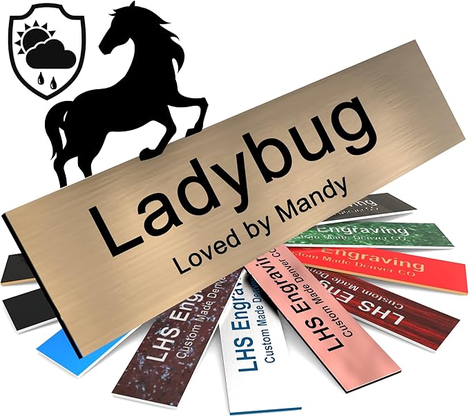 Personalized Horse Stall Name Plates, 2x8 Horse Stall Signs with Adhesive, All Weather UV Protected, Brushed Copper Pattern Plastic Black Letters - Made in USA - M5