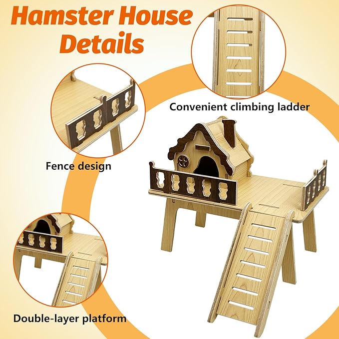 Hamiledyi Wooden Hamster Platform & House Mouse House with Climbing Ladder Cute Habitat Hut Hideout Small Animals Cage Accessories for Dwarf Hamster Mice Gerbil and Other Similar Sized Animals