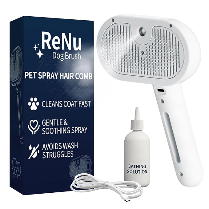 Fur Shower Brush for Dogs, 3 In 1 Self Cleaning Steamy Pet Brush, Pets Spray Hair Removal Comb - Anti-Static, Dog Grooming Tool With Steam | Skin-Friendly Design (White)