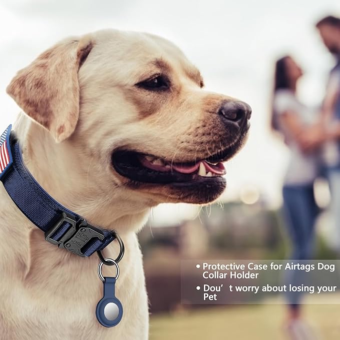 DAGANXI Tactical Dog Collar, Adjustable Military Training Nylon Dog Collar with Control Handle and Heavy Metal Buckle for Medium and Large Dogs, with Patches and Airtags Case (Midnight Blue-Set, XL)
