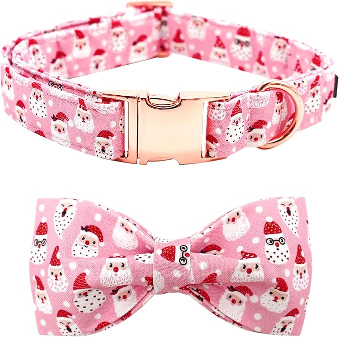 Dog Collar, Christmas Pink Santa Claus Cotton Pet Collar Bow Holiday Girl Boy Cute Puppy Collar Adjustable Pet Collar for Large Dogs
