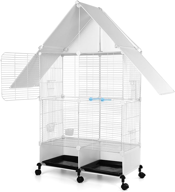 House Shape Bird Cage with Rolling Stand - Large 2 Tier Iron Bird Cage with Lock, Spacious Flight Habitat for Parakeets & Cockatiels, Easy Mobility Safe Home for Small Birds
