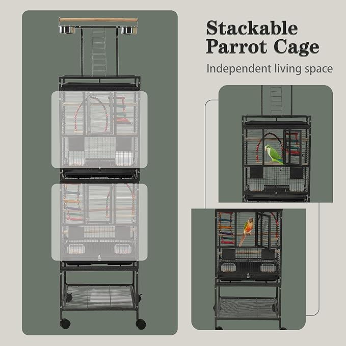 68" Double Bird Cage,Stackable Divided Parakeet Cage, Parrot Cages for Medium Birds with Bird cage Cover,Birdcage Seed Catcher,for Cockatiels Canaries Lovebirds Finches Budgies Small Parrots