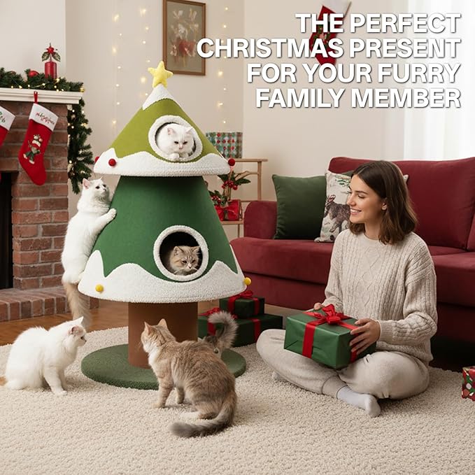 44" Tall Christmas Cat Tree with Three Entrances, Stable Christmas Cat Tower with Scratching Posts and Gift Box, for Indoor Cats (Gradient-44 Tall)