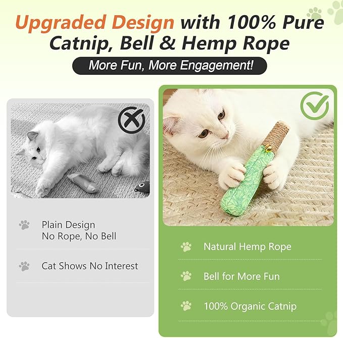 3 Pack Catnip Toys for Cats, Funny Cat Toys with Dental Rope & Fun Bell,100% Pure Organic Catnip Toys,Bite-Resistant Kitten Teething Chew Toys,Anxiety Relief Kicker Toys for Indoor Cats