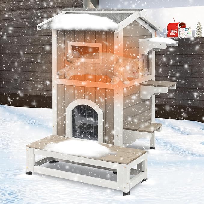 PetsCosset Insulated Outdoor Cat House Weatherproof, 2-Story Feral Cats Shelter Clawsable Cat House with Insulated Cat Scratching Cloth, Openable Asphalt Roof, Balcony, 4 Door, 2 Platforms