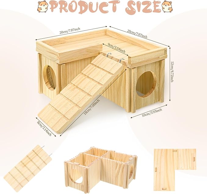 Wooden Hamster Hideout, Multi-Chamber Hamster House Maze, Hamsters Secret Peep Shed, Gerbils Chamber Hut with Ladder, Detachable Small Animals Cage Accessories for Small Animal