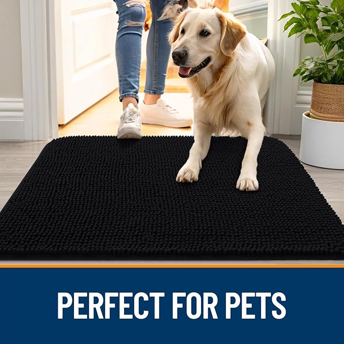 OLANLY Dog Door Mat Set 2-Piece 36x24, Absorbs Moisture and Dirt, Absorbent Non-Slip Washable Doormat, Quick Dry Chenille Mud Mat for Dogs, Entry Indoor Entryway Carpet for Inside Floor, Black