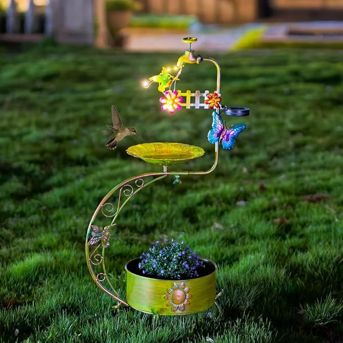 VEWOGARDEN Bird Bath for Outside, Solar Metal Outdoor Standing Birdbath with Flower Planter for Garden, Yard, Patio Decor, Green