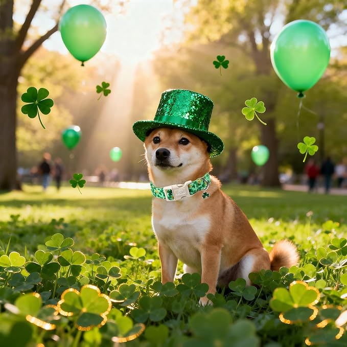 St. Patrick's Day Dog Collar for Small Dogs - Green Shamrock & Yellow Flower Print Dog Collars, Cute Irish Party Puppy Collar, Lightweight Adjustable St. Patricks Day Pet Collars XS