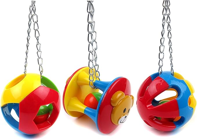 Hypeety Parrot Colorful Ball Toys with Bell Cage Hanging Chewing String for Parakeet Conure Cockatiel Small Medium Birds (A+B+C)