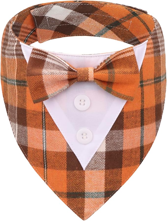 ADOGGYGO Fall Dog Tuxedo Bandana, Orange Plaid Pet Tux Collar with Bowtie, Adjustable Halloween Thanksgiving Formal Costume for Medium Large Dogs Pets (L)