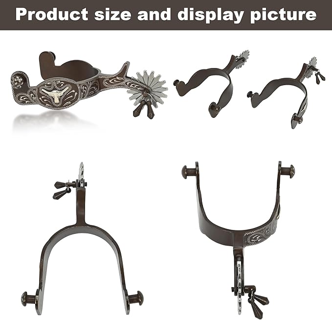 Western Antique Spurs for Horse Riding - Hand-Engraved Low Carbon Steel Spurs with Brass Accents, 75-78mm Adjustable Gear Design, Secure Copper Buckle
