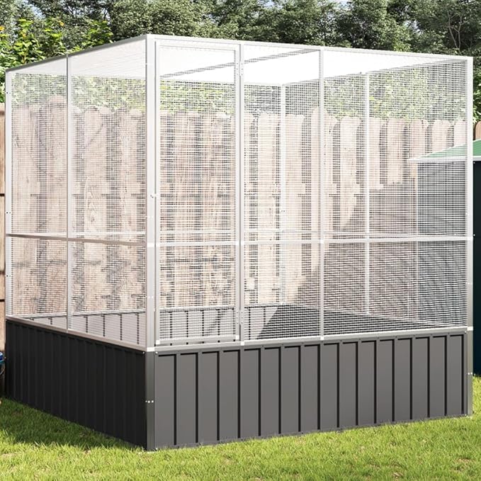 Steel Aviary Silver, Steel Bird Cage, Outdoor Aviary Parrot Cage Wide Flight Metal Birdcage, 83.1"x81.5"x83.5" Steel,-82