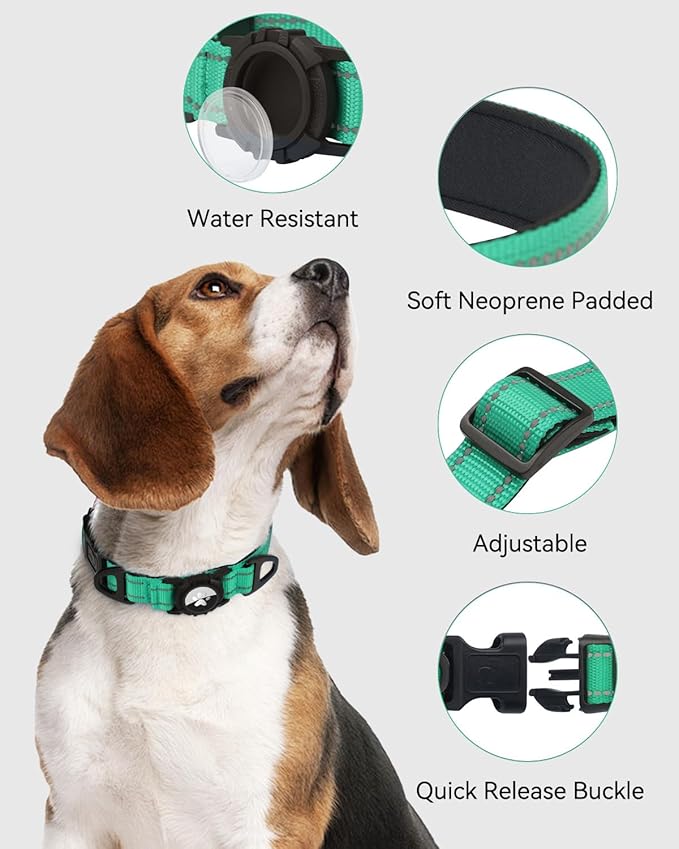 Joytale Airtag Dog Collar, Reflective Pet Collar with Waterproof AirTag Holder, Dual D-Rings, Soft Padded Adjustable for Medium Dogs, Teal, M