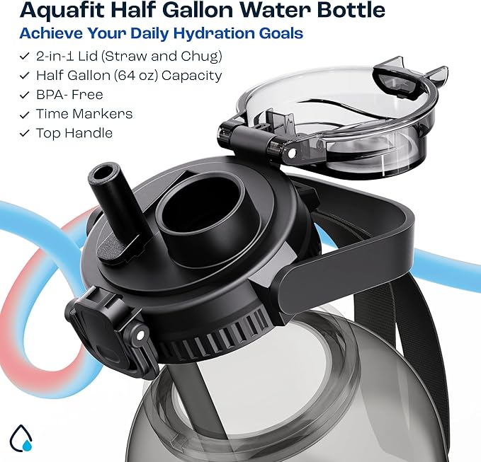 AQUAFIT 64 oz Water Bottle with Time Marker - 2in1 Straw & Chug Lid - BPA Free Big Water Bottle with Straw - Gym Water Bottle with Strap - Water Jug (64 Ounces, Midnight Gray)
