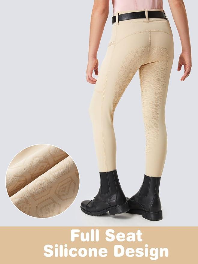 FitsT4 Sports Girls Riding Pants Full Seat Kids Equestrian Breeches Stretchy Youth Horse Schooling Tights Zipper Pockets