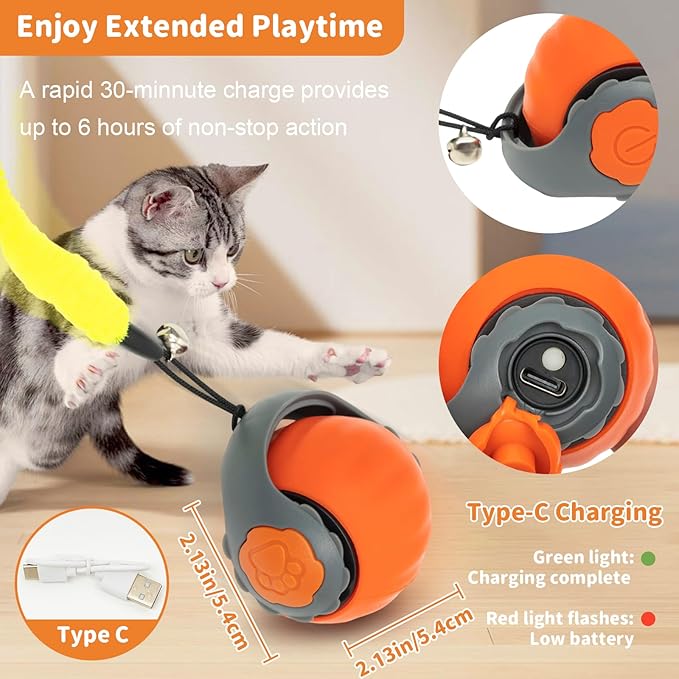 Interactive Cat Toys for Indoor Cats Smart Automatic Ball Rolling for Bored Kitten Pet Upgraded Speedy Moving Chase Dogs Toy Orange