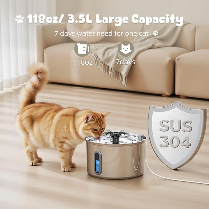 Cat Water Fountain Stainless Steel, 118oz/ 3.5L Large Capacity Automatic Pet Water Dispenser for Drinking with Level Window, Ultra Quiet Pump, 2 Replacement Filters & Pre-Filter Sponges for Dog