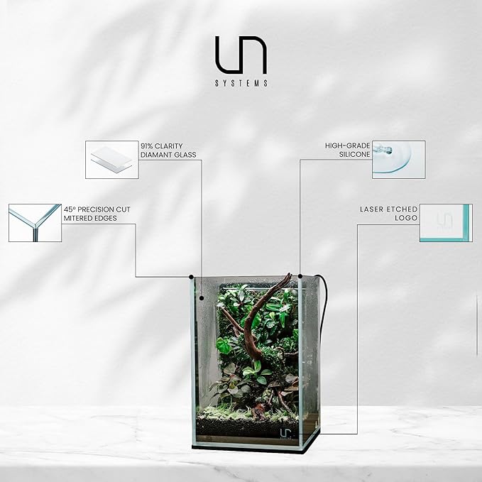 UNS Ultra Clear Rimless Tank - 5.9GAL | 22.5L - 9.84x9.84x14.17 | 25x25x36 CM, 5mm Glass Thickness, Leveling Mat Included - Low Iron, High Clarity Fish Tank w/ 45° Mitered Edge - [25T]