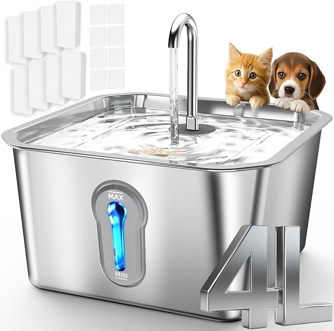 Cat Water Fountain Stainless Steel 135oz/4L Pet Water Fountain for Cats Indoor with 16 Filters Pets Dog Small Animal Automatic Dog Water Dispenser with 8 Filters 8 Sponges Quiet