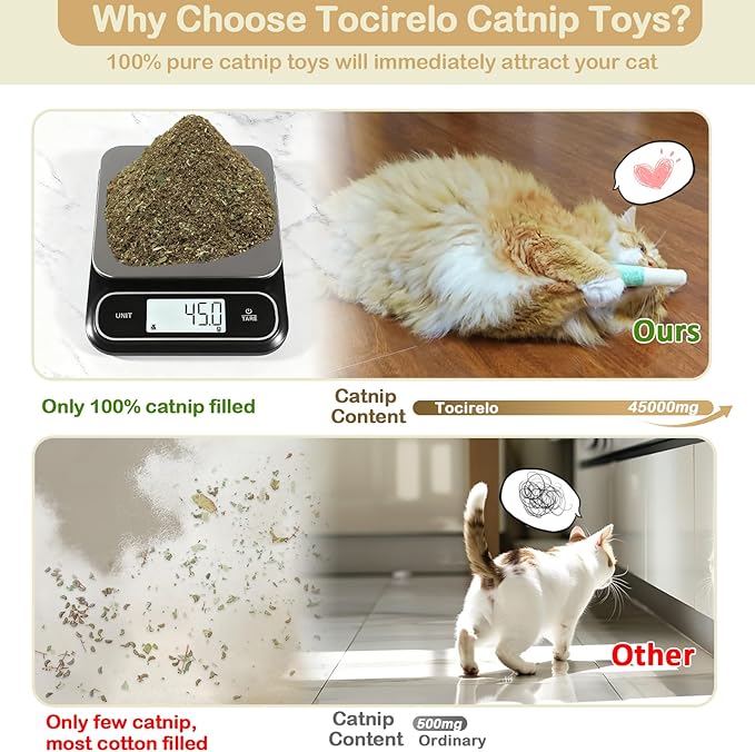 Tocirelo Catnip Toys for Cats 3pack - Bite Resistant Cat Nip Toys Filled with 100% Pure 45000mg A+Organic Catnip, Safe Kitten Teething Kicker Toys, Cat Chew Toy for Indoor Cats for Stress Relieving