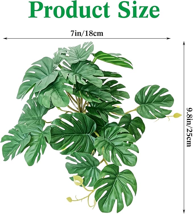 VCEPJH Reptile Plants with Suction Cup Amphibian Habitat Decor 2 Pcs Artificial Leaves for Terrarium Decor Crested Gecko Tank Accessories for Bearded Dragon, Lizard, Snake (Monstera)