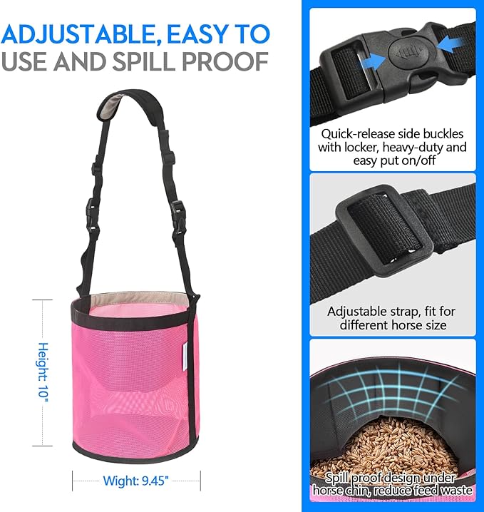 Horse Feed Bag Pack of 2, Feed Bags for Horses with Ventilation Mesh, Comfort Nose Pad Neck Pad, Adjustable Strap, Spill Proof Design for Independent Feeding Grain, Supplements (Pink)
