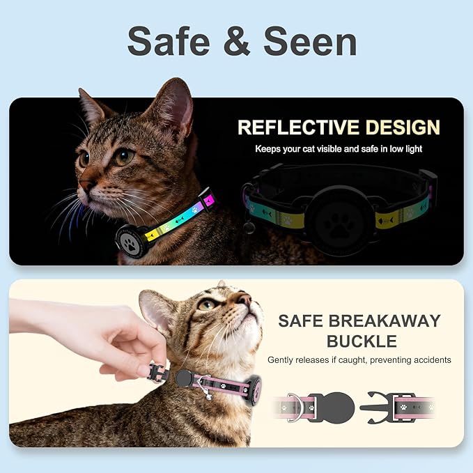 Airtag Cat Collar Breakaway, Reflective Cat Collar with AirTag Holder and Bell, Compatible with Apple Air Tag, Comfortable Padding, Adjustable, Durable (Pink, XS)