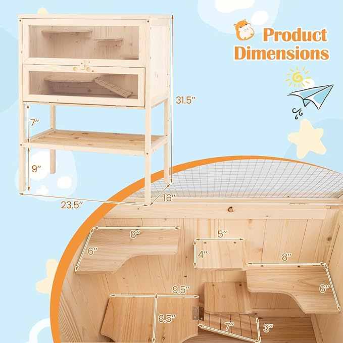 PETSITE 31.5 Inches Freestanding Wooden Hamster Cage, Chew-Proof 2-Layer Hamster House with Full Transparent Viewing, Flip-Top Roof, and Storage Shelf, Ideal for Dwarf Hamster and Gerbils