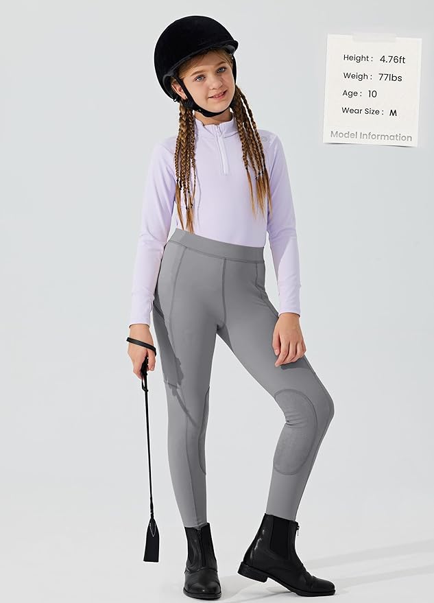 Willit Girls Horse Riding Pants Tights Kids Equestrian Breeches Knee-Patch Youth Schooling Tights Zipper Pockets