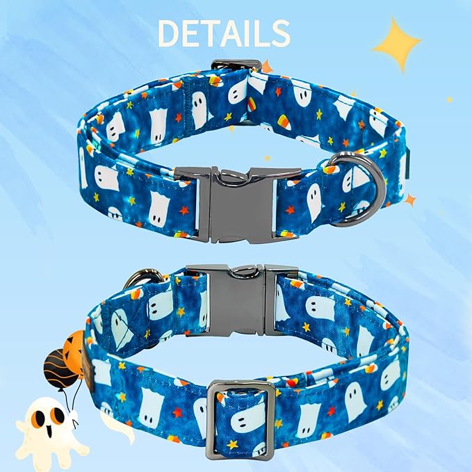 Halloween Dog Collar, Ghost Print Adjustable Pet Collar Blue Cute Cotton Soft Collars with Bow Tie Fall Metal Buckle Holiday Puppy Collars Boy&Girl Gift for X-Small Dogs