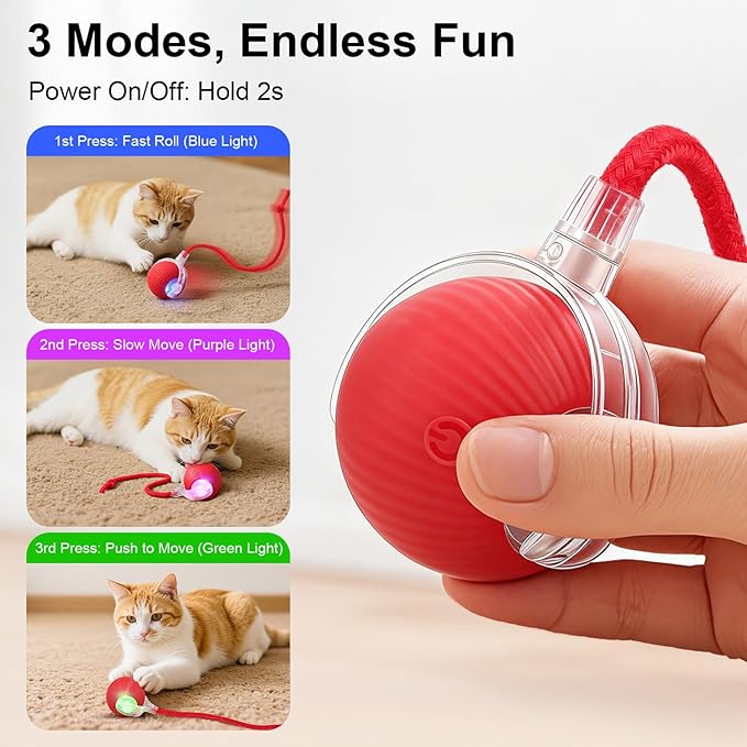 Interactive Electric Automatic Rolling Moving USB Rechargeable Self Activated Play Stimulation Toy Smart Chase Teaser Ball with Speedy Tail Rope for Bored Adult Indoor Cats and Dogs, Red
