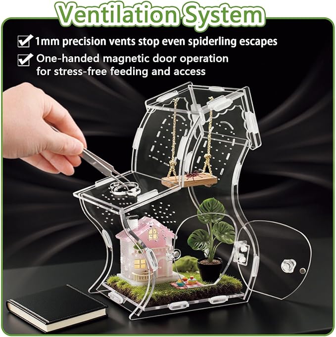 Premium 3mm Acrylic Terrarium for Jumping Spiders & Tarantulas | 5.9"x9.4"x3.5" Tall Arboreal Enclosure with Magnetic Doors & 1mm Micro-Vents | Escape-Proof Habitat for Mantis, Reptiles, Frogs