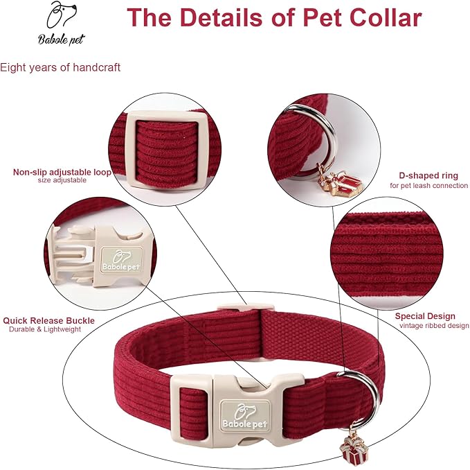 Cute Corduroy Dog Collar - Burgundy Adjustable Dog Collars for Large Dogs 50-80lbs, Fade-Proof with Secure Snap & Little Charm, Christmas Birthday Gift, L