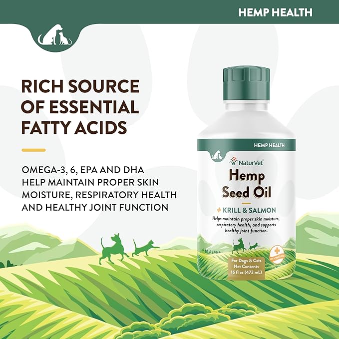 NaturVet Hemp Seed Oil Krill and Salmon, 16 oz. Liquid, Made in The USA