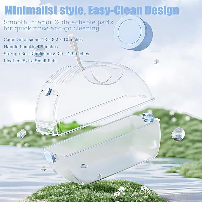 Small Portable Hamster Cages,13×8.2×10.8 Inch Hamster Carrier with Water Bottle,Dwarf Hamster Travel Cage with Storage Box,360º Transparent Acrylic Pet Travel Carrier,Mouse Gerbil Cage(Blue)