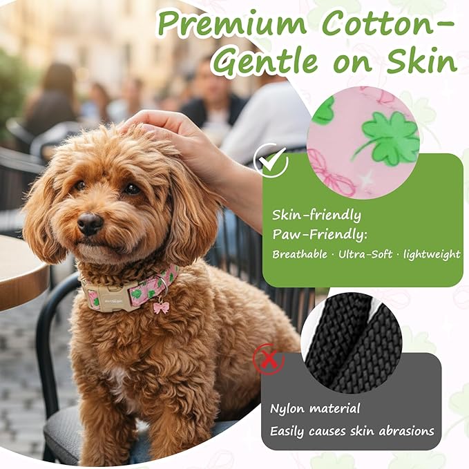 St. Patrick's Day Dog Collar,Pink Bow with Green Clover Puppy Collar,Adjustable Spring Cotton Collars Gifts for Small Medium Large Dogs,Dog Accessories M