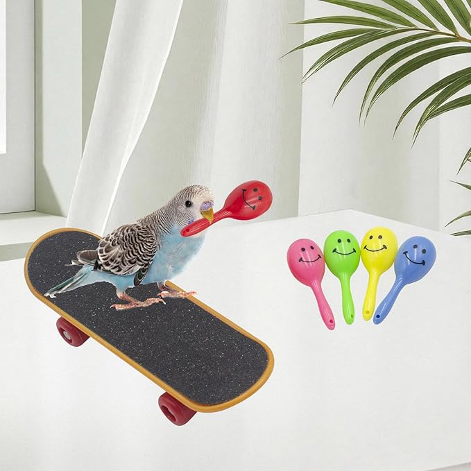 4-in-1 Bird Activity Set – Mini Skateboard, Stacking Rings, Rattle & Colorful Peg Toy | Interactive Toys for Budgies, Cockatiels, Lovebirds & Small Parrots