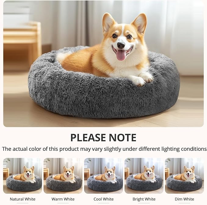 JOLLYVOGUE Large Calming Dog Bed, Anti-Anxiety Donut Cuddler Cat Bed with Anti-Slip Bottom, Fluffy Faux Fur Machine Washable Pet Cushion for Medium Large Dog & Cat, 36"/Smoke Black