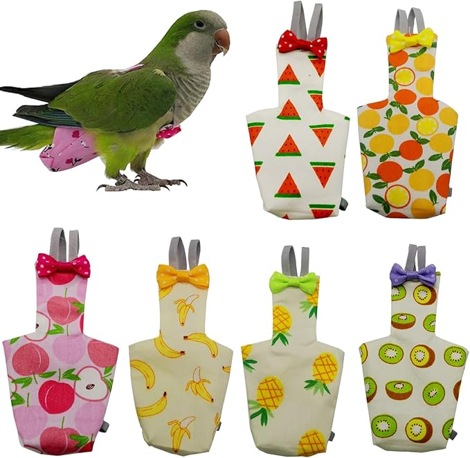 6PCS Washable Reusable Bird Diapers with Waterproof Lining & Adjustable Straps – Soft Parrot Diaper Clothes Costume Set for for Parakeets, for Budgies, for Mini Macaws (L)