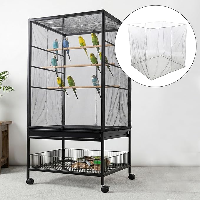 Large Bird Cage Seed Cather, Black Bird Cage Cover Universal Nylon Birdcage Net Elastic Band Skirt Seed Guard for Parrot Parakeet Macaw(118 * 31.5in/300 * 80cm)
