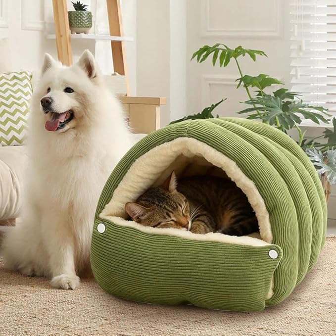 CutyPet Winter Cave,Warmth Cozy Comfort Plush Pet Cave,Cute Cozy Safe Hideaway Cat Bed with Removable Cushion,Warm Soft Removable Washable for Cats and Dogs (Green Plaid, M: 18.89 * 11.81 * 7.87 in)