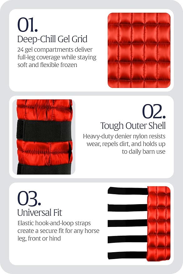 Equinavia Cool Relief Therapy Ice Boots Leg Wraps for Horses, Gel Pack with Adjustable Straps | 16.5" x 15.5" Single - Red - Single - One Size