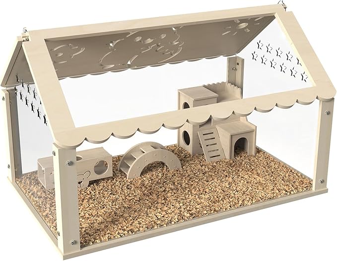 Hamster cage Wooden with Acrylic, Dwarf Hamster cage, Small Animal Habitat with Openable Top, Mouse cage for Guinea Pigs, Chinchillas, Gerbil, Syrian Hamster (31inch no Moon)