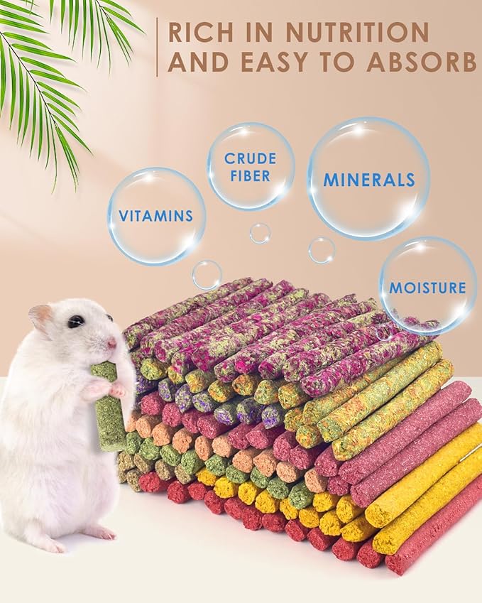 Bissap 108PCS Rabbit Chew Sticks, Mix Natural Timothy Hay Oat Carrot Beet Rose Dahlberg Daisy Myosotis Pumpkin Strawberry Bunny Chews Toy Treat for Chinchilla Guinea Pig Hamster Small Pet Molar Snack