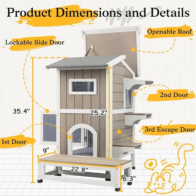 PetsCosset Insulated Outdoor Cat House Weatherproof, 2-Story Feral Cats Shelter Clawsable Cat House with Insulated Cat Scratching Cloth, Openable Asphalt Roof, Balcony, 4 Door, 2 Platforms
